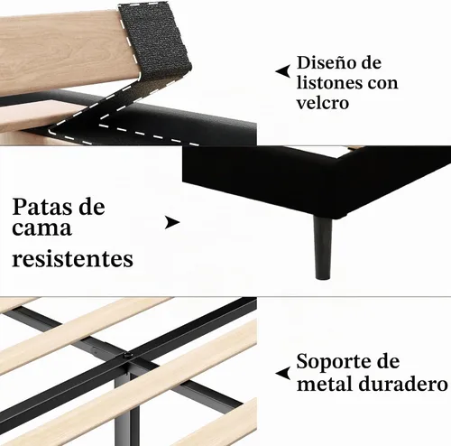 Vista 6 de Gruwans Base de cama de tamaño individual con cabecera tapizada con respaldo de ala, plataforma de fácil montaje, soporte de listones de madera,