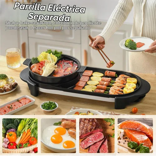 Vista 5 de Olla caliente eléctrica 2 en 1 sin humo con parrilla, olla caliente extraíble de 2200W, combo de barbacoa coreana y Shabu para interior, sartén