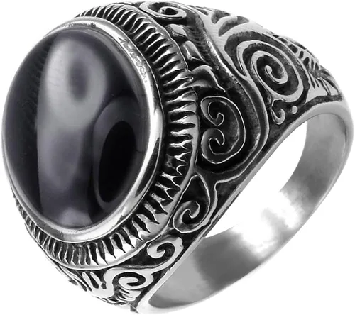 Vista 3 de XAHH - Anillo de acero inoxidable para hombre, diseño de ágata ovalada, color plateado y negro