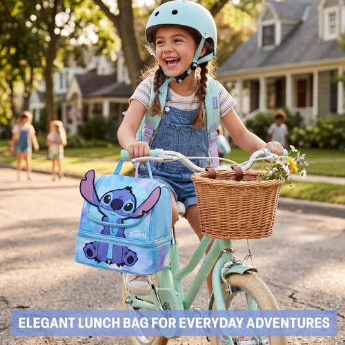 Vista 7 de Get Trend Disney Stitch Girls 3D Insulated Lunch Bag with Two Compartments Reusable Kids Snack Bag, Zipped Cooler Bag with Carry Handle, Picnic Blue