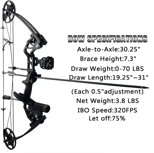 Vista 2 de Arco compuesto con peso de tracción de 0-70 libras para arqueros principiantes y de nivel intermedio, totalmente ajustable de 19.25"-31", con todos