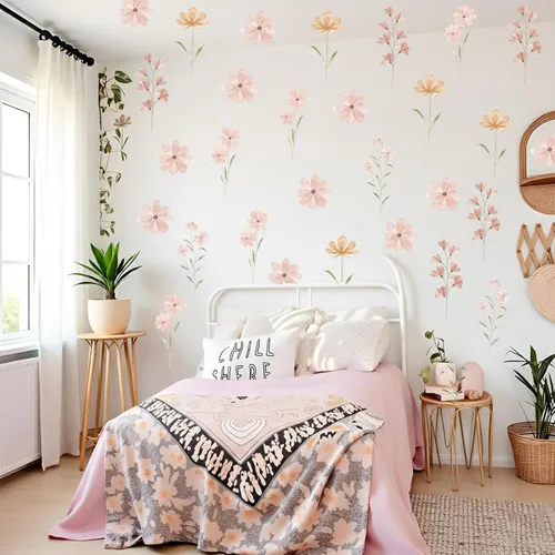 Vista 5 de 48 PCS Calcomanías de Flores Bohemias Calcomanías de Pared de Margaritas para Habitaciones de Niñas, Salas de Juegos y Guarderías Impresión de Doble