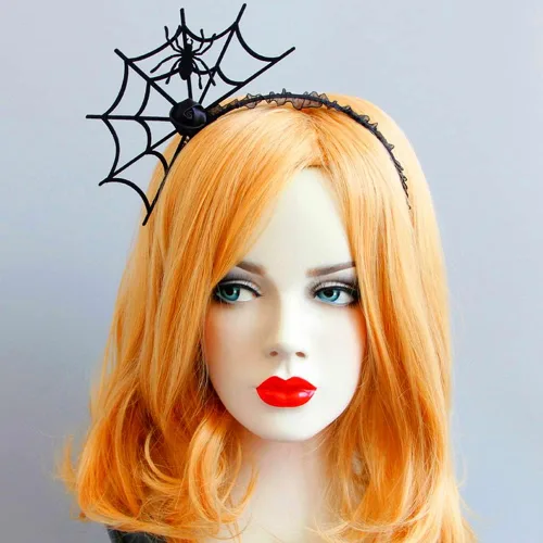 Vista 3 de Aro de telaraña de Halloween para el cabello, accesorio para disfraz de araña (negro)