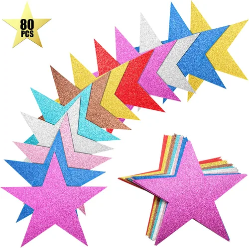 Vista 8 de Gejoy 80 piezas de estrellas con purpurina de arco iris, decoración de estrellas de papel doble impreso para noche de cine, decoración de tablón