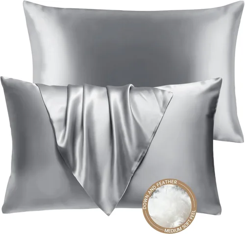 Vista 15 de BHZ Almohada estándar de plumas de ganso con funda de almohada de satén, almohada de cama de lujo de la colección de hotel para dormir, soporte