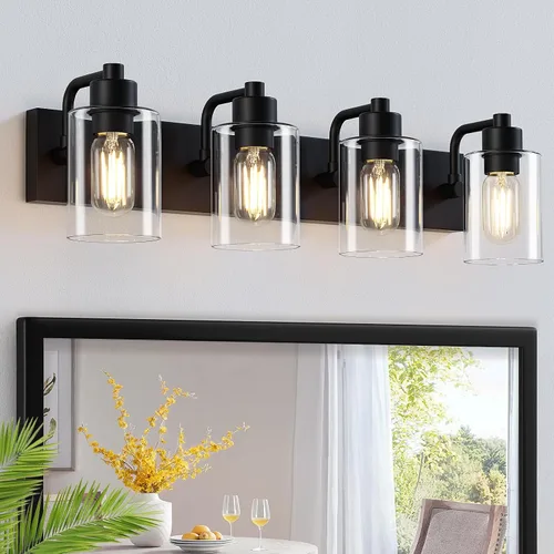 Vista 18 de Dpyrrhic Luces de Baño Negras Mate de 2 Luces Sobre Espejo con Pantalla de Vidrio Transparente, Luminarias Modernas de Baño para Cocina, Sala