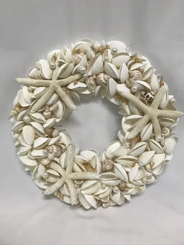 Vista 2 de Natural Seashell Wreath w/Shells, Starfish, Pearls, Sea Snails - Spring & Summer Coastal Decor Beach House Indoor Door Wreath, 18in White/Natural
