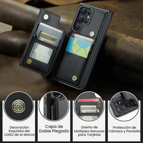 Vista 9 de Vinich Funda tipo cartera para Samsung Galaxy S22 Ultra con tarjetero Negro