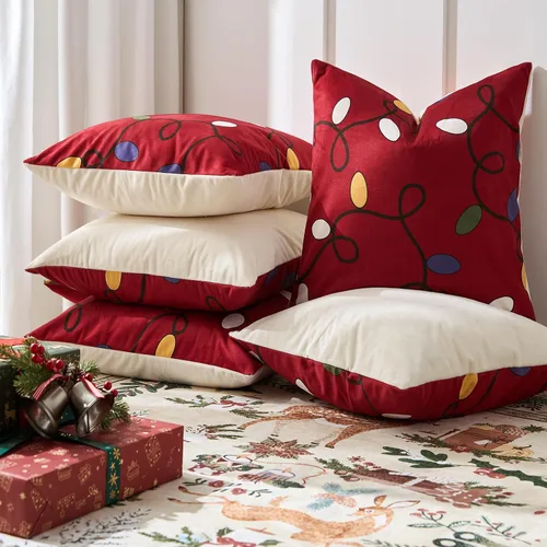Vista 6 de jinchan Fundas de almohada navideñas de 20 x 20 pulgadas, fundas de almohada rojas navideñas con estampado de luces de cascabel, decoración