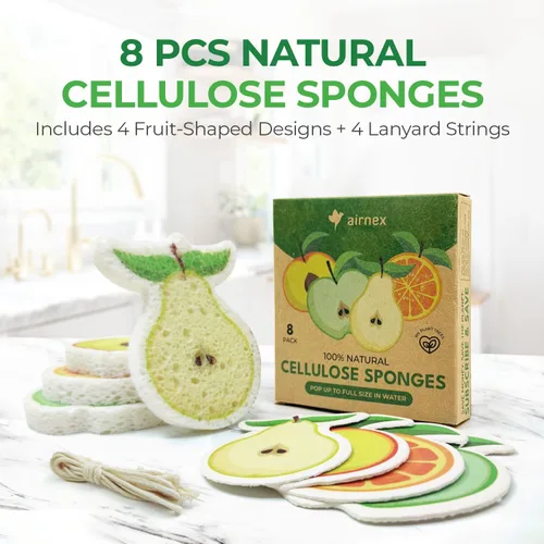 Vista 2 de AIRNEX Esponjas comprimidas de celulosa biodegradable a granel – Paquete de 8 unidades de cocina en forma de fruta, ecológicas, sin olor, naturales