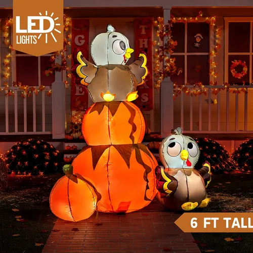 Vista 2 de Joiedomi Calabaza Apilable Inflable de 6 Pies de Acción de Gracias con Pavo con LEDs Integrados, Decoraciones Inflables para Exteriores para Patio
