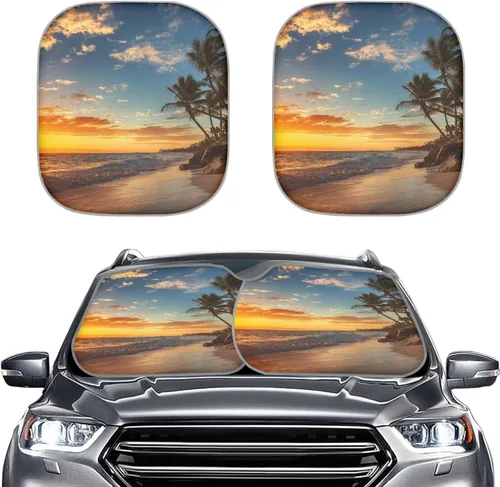 Vista 20 de Parasol para parabrisas de automóvil con estampado de playa tropical, protección universal para proteger el interior del automóvil, bloquea