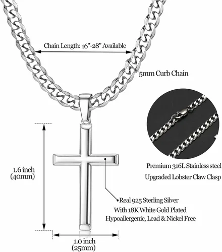 Vista 5 de Tungary Collar de cruz de plata de ley 925 para hombres y mujeres, cadena de eslabones cubanos de acero inoxidable de 0.197in para hombres, cadena