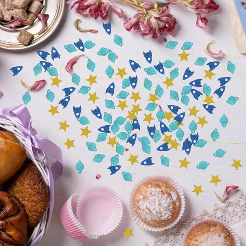Vista 6 de Confeti con purpurina de cumpleaños con temática espacial, confeti de mesa espacial de estrella de cohete, dispersión de papel para baby shower