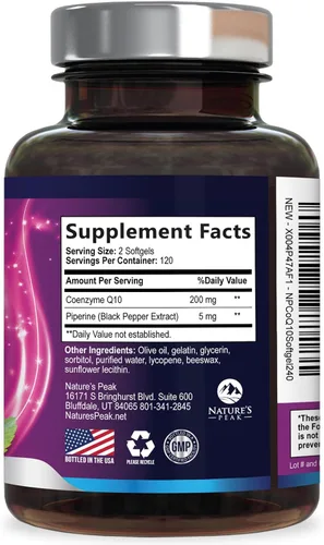 Vista 8 de Cápsulas blandas CoQ10 – Coenzima de ultra alta absorción Q10 200 mg por porción – Suplemento Co Q 10 Softgel con pimienta negra, energía y apoyo