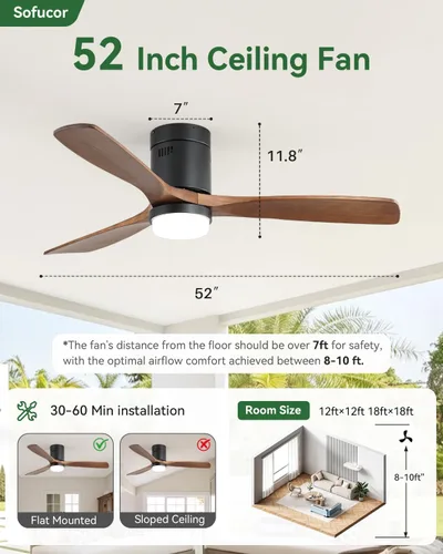 Vista 7 de Sofucor Ventilador de techo inteligente de madera de bajo perfil de 52 negro + marrón