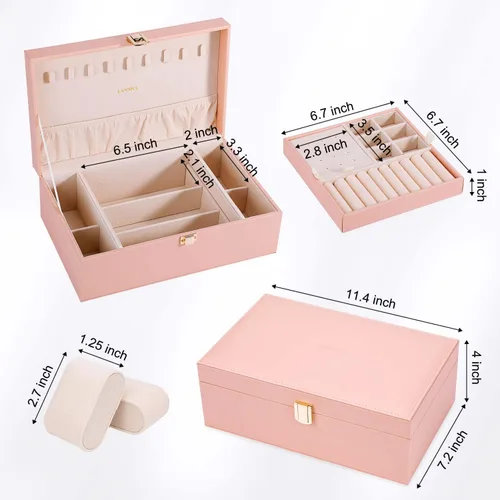 Vista 6 de LANDICI Joyero organizador para mujeres y niñas, caja grande de 2 capas para reloj con bandeja extraíble, soporte de almacenamiento de joyas de piel