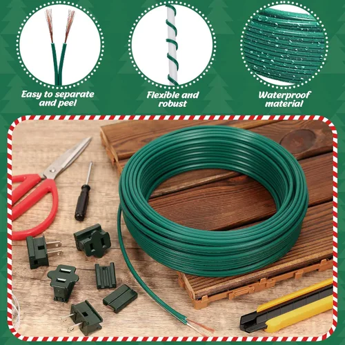 Vista 3 de Cable eléctrico de Navidad SPT-1 de 60 pies con 6 enchufes de vampiro, cable de calibre 18, cable eléctrico de 2 conductores, cable de bajo voltaje