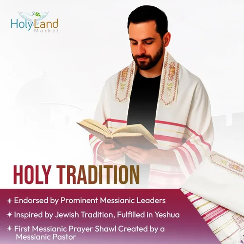 Vista 4 de Holy Land Market Chal Mesiánico Mujer/Tallit - El Mesías Tallit Rosa/Oro, Rosado