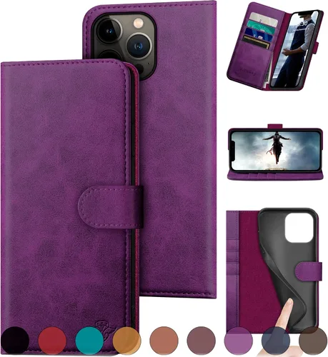 Vista 11 de DuckSky Funda tipo cartera de piel auténtica para iPhone 13 Pro de 6.1 pulgadas. Bloqueo RFID. 4 tarjeteros de crédito. Cuero auténtico. Funda Negro