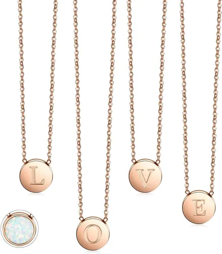 Vista 2 de CIUNOFOR Collar con dije de ópalo del alfabeto chapado en oro rosa, collar con inicial de disco redondo, collar de letra grabada con cadena
