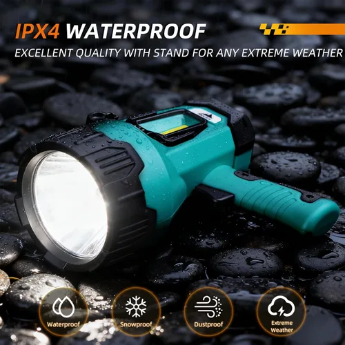 Vista 6 de Linterna recargable LED súper brillante IPX4 impermeable Luz de búsqueda de 4 modos con luz COB y trípode plegable 4400 Ah Proyector de mano