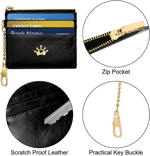 Vista 3 de URAQT Cartera para tarjetas de crédito, cartera minimalista de cuero delgado con cremallera, mini protector de tarjeta de crédito, llavero bolsillo