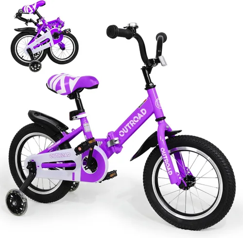 Vista 10 de Betterland Bicicleta plegable para niños, bicicleta para niños de 14/16/18 pulgadas con ruedas de entrenamiento y frenos de mano duales, bicicleta