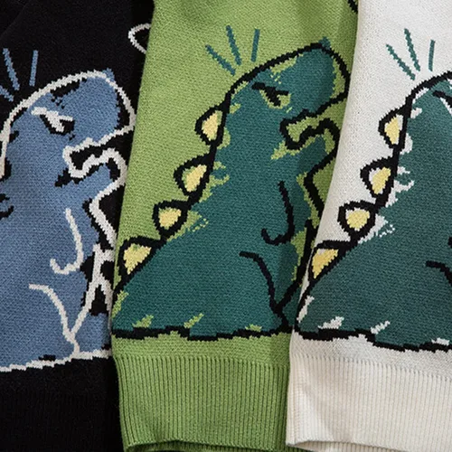 Vista 5 de Flygo Suéter de punto de dinosaurio para mujer, unisex, de gran tamaño, casual, manga larga, suéter de punto