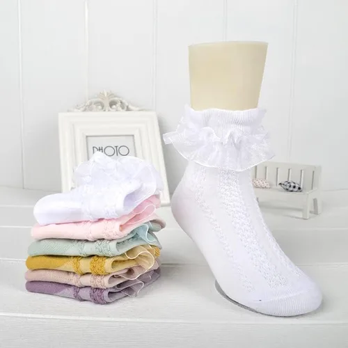 Vista 2 de Calcetines de encaje con volantes para bebés y niñas pequeñas, con ojales, de malla, de algodón, suave, con volantes, 1-9T