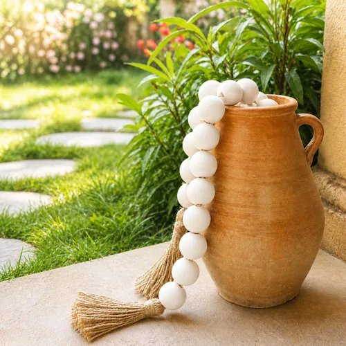 Vista 178 de OMISHE Guirnalda de cuentas de madera extra grande con cuentas de madera y borlas de 1.6 pulgadas de diámetro, cuentas decorativas rústicas de 41