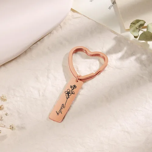 Vista 5 de Llavero con nombre personalizado,Llavero de flor de nacimiento personalizado,Llavero de acero inoxidable,Regalo único de llavero familiar