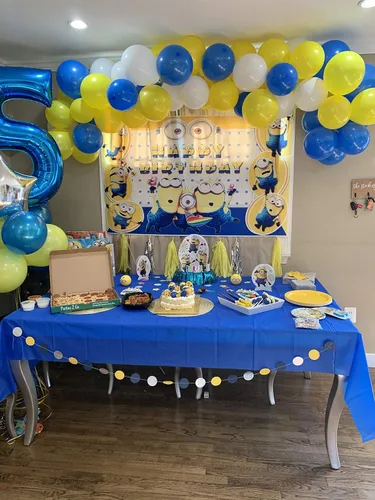 Vista 6 de 100 globos azules, amarillos y blancos para fiesta de Minions, 100 globos de látex, cinta para globos de lujo para cumpleaños de Minions Despicable