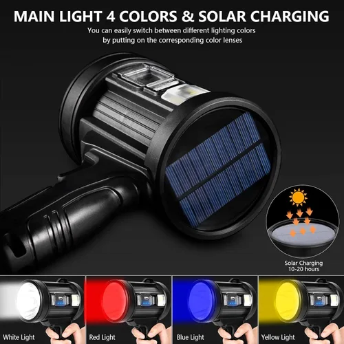 Vista 6 de MIXILIN Foco recargable, 2000,000 lúmenes, linterna de caza de mano, luz LED con luz de mazorca y paneles solares, proyector ligero y súper