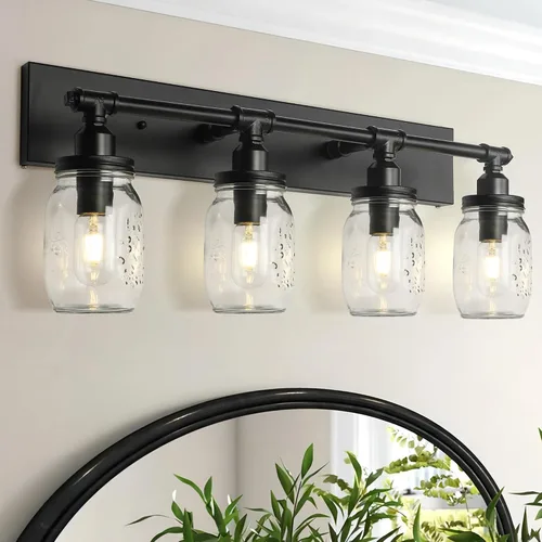 Vista 8 de Lámpara de pared para baño, lámpara industrial de tarro de masón, aplique de pared con acabado negro (3 luces)