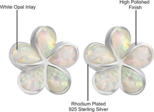 Vista 4 de Aretes de plata de ley 925 con diseño de ópalo hawaiano de plumeria, sin níquel, hipoalergénicos para pieles sensibles, acabado rodio, caja