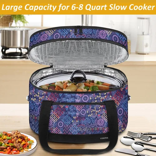 Vista 2 de YOREPEK Transportador de olla de cocción lenta de 2 capas, compatible con Crock-Pot de 6, 7, 8 cuartos de galón, bolsa de viaje grande aislada