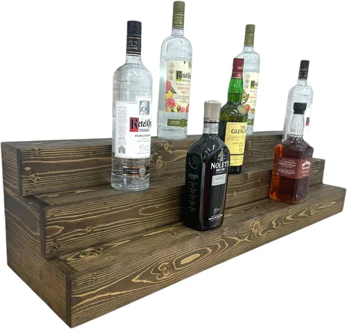 Vista 7 de Estantería de exhibición escalonada hecha a mano, exhibición de barra de tres niveles, organizador de barra, exhibición de botellas de licor