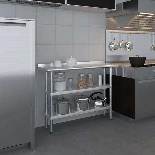 Vista 9 de AmGood Mesa de trabajo de acero inoxidable con protector contra salpicaduras de 1.5 pulgadas y 2 estantes Mesa de cocina de metal para preparación