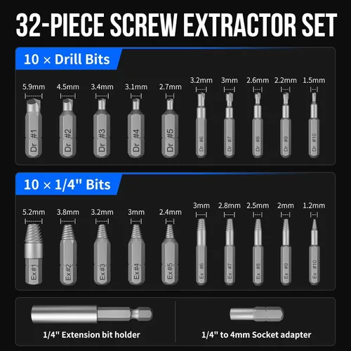 Vista 4 de STREBITO Juego de extractores de tornillos dañados, juego de 32 piezas de extractores de tornillos con eje de extensión magnético y adaptador