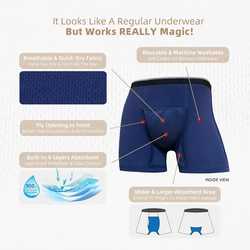 Vista 9 de Ropa interior lavable para incontinencia para hombre, calzoncillos bóxer de algodón, 3.4 fl oz de absorción, ropa interior a prueba de fugas
