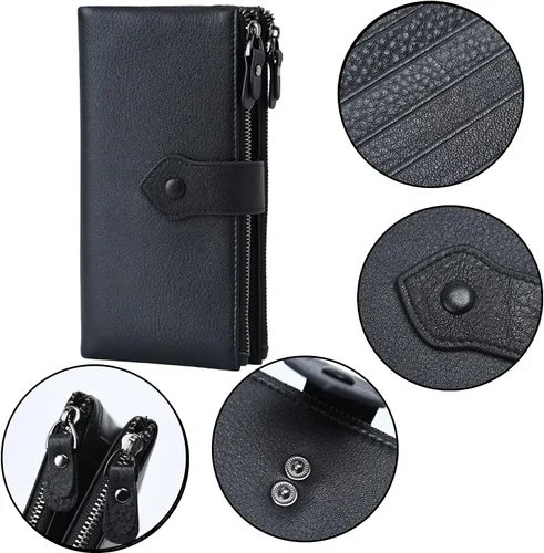 Vista 6 de Bveyzi - Cartera de cuero suave para mujer con bloqueo RFID, billetera plegable con doble cierre, porta-tarjetas para damas Soft, RFID Blocking