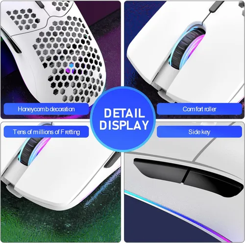 Vista 7 de XINMENG Ratón inalámbrico para juegos, diseño de panal ligero, 3200 DPI recargable, con 16 retroiluminación arcoíris, receptor USB, compatible