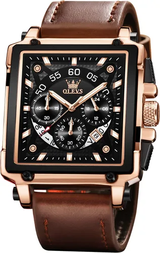 Vista 9 de OLEVS Relojes cuadrados para hombre, cronógrafo de cuero marrón, reloj de negocios de moda, luminoso, impermeable, relojes de pulsera casuales