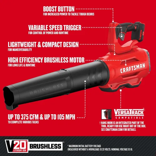 Vista 3 de CRAFTSMAN V20 Soplador de hojas inalámbrico, batería y cargador incluidos (CMCBL720M1)