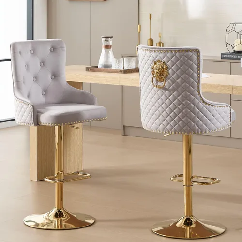 Vista 32 de Juego de 2 taburetes de bar de terciopelo beige con respaldo tuftado alto, anillo de tracción de león, reposapiés de base cromada para isla