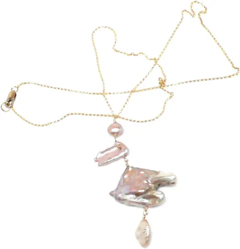 Vista 3 de Collar de cadena de flamenco abstracto de perlas de agua dulce cultivadas en malva grande de plata esterlina con relleno de oro
