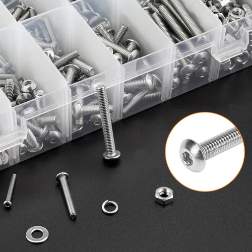 Vista 5 de HELIFOUNER 1500 piezas M2 M3 M4, cabeza de botón de acero inoxidable 304, tornillos métricos, pernos, arandelas, tuercas, kit surtido de accesorios