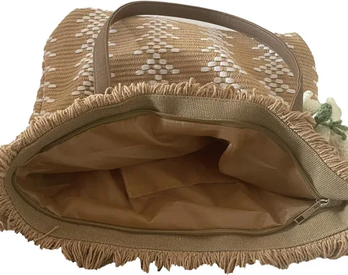 Vista 2 de Bolsa de paja para mujer, bolsas de playa hechas a mano, bolso de hombro suave con Azipper, Caqui