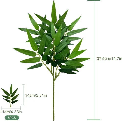 Vista 5 de 6 hojas de bambú artificiales de 14.7 hojas de bambú, ramas verdes sintéticas para arreglos florales, ramos de jarrón, decoración de boda, vegetación